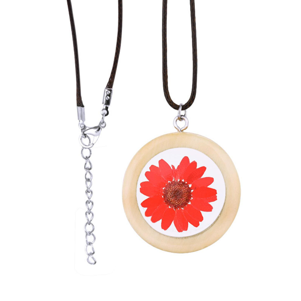 Handmade Dry Pressed Flower Cherry Blossom Glass Cover Woven Leather round wood Daisy necklace sunflower