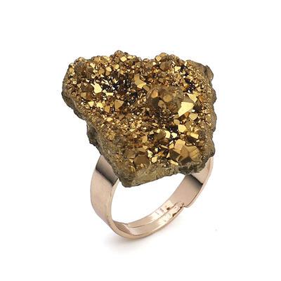 Boho style Agate geode Ring Irregular Natural Stone Crystal Druse Jewellery for Women No Finger Size Limited Gold Color Jewelry